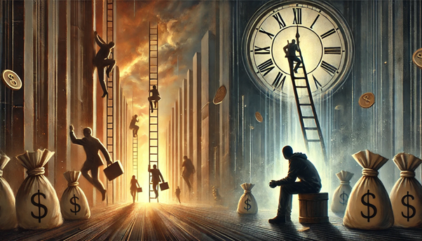 A clock tower with a person sitting on a barrel and ladders
AI-generated content may be incorrect.