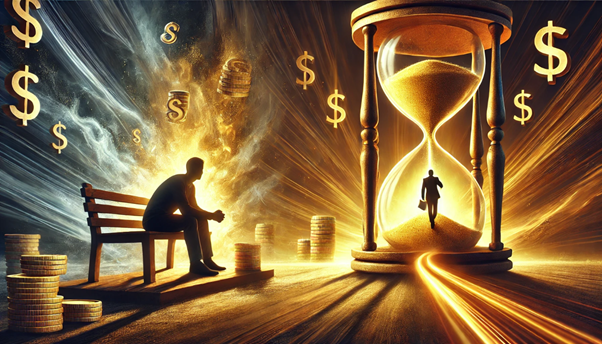 A person sitting on a bench next to a sand clock
AI-generated content may be incorrect.