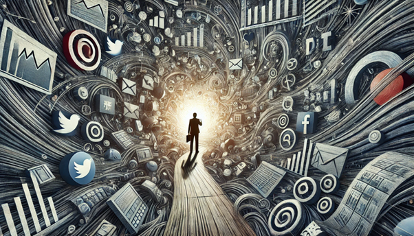 A person walking on a path with many icons
AI-generated content may be incorrect.